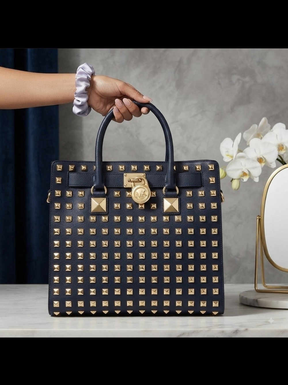 Michael Kors Navy Hamilton Limited Tote with Gold Pyramid Studs - Picture 2 of 6